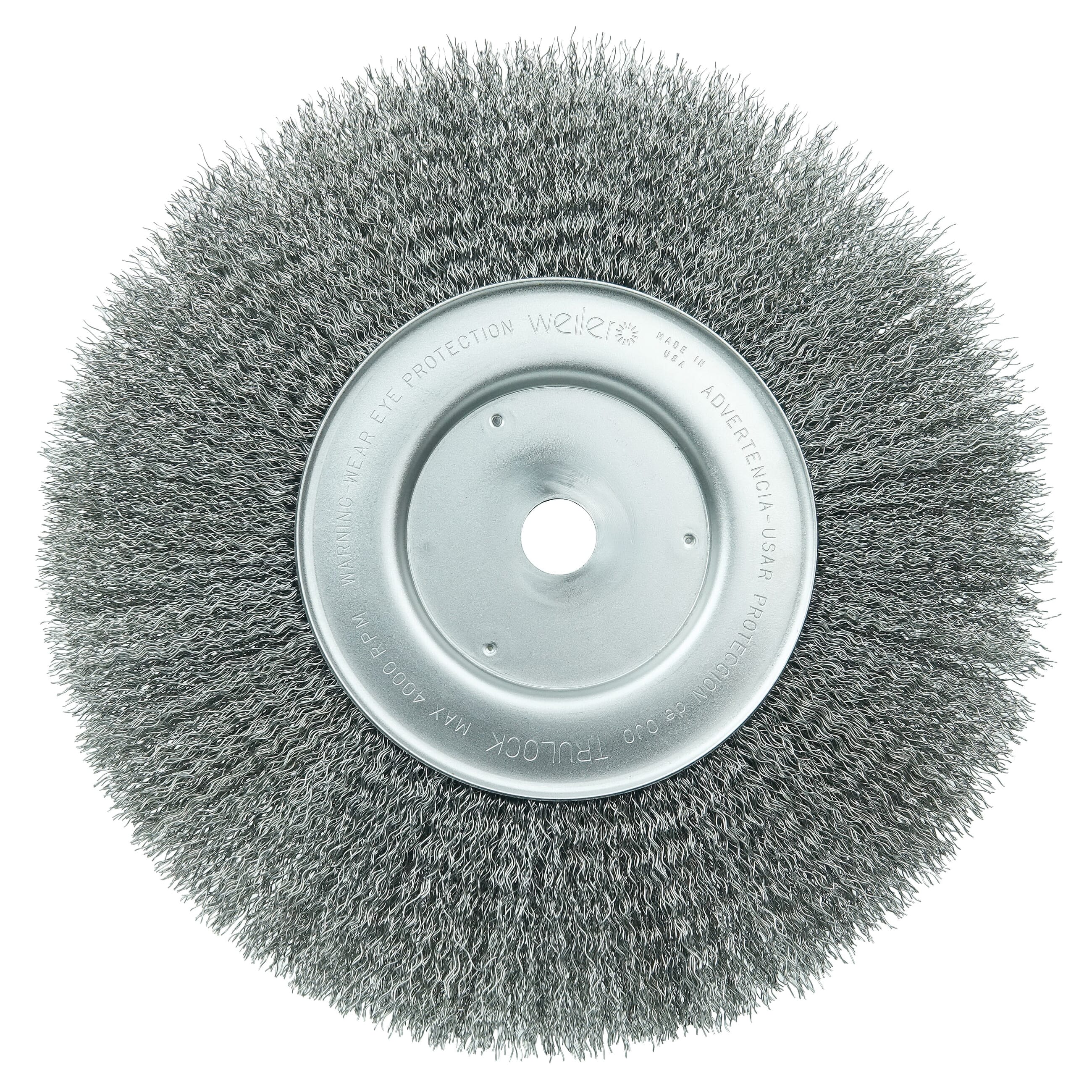 Weiler® 01258 Narrow Face Wheel Brush, 10 in Dia Brush, 3/4 in W Face, 0.014 in Dia Crimped Filament/Wire, 3/4 in Arbor Hole